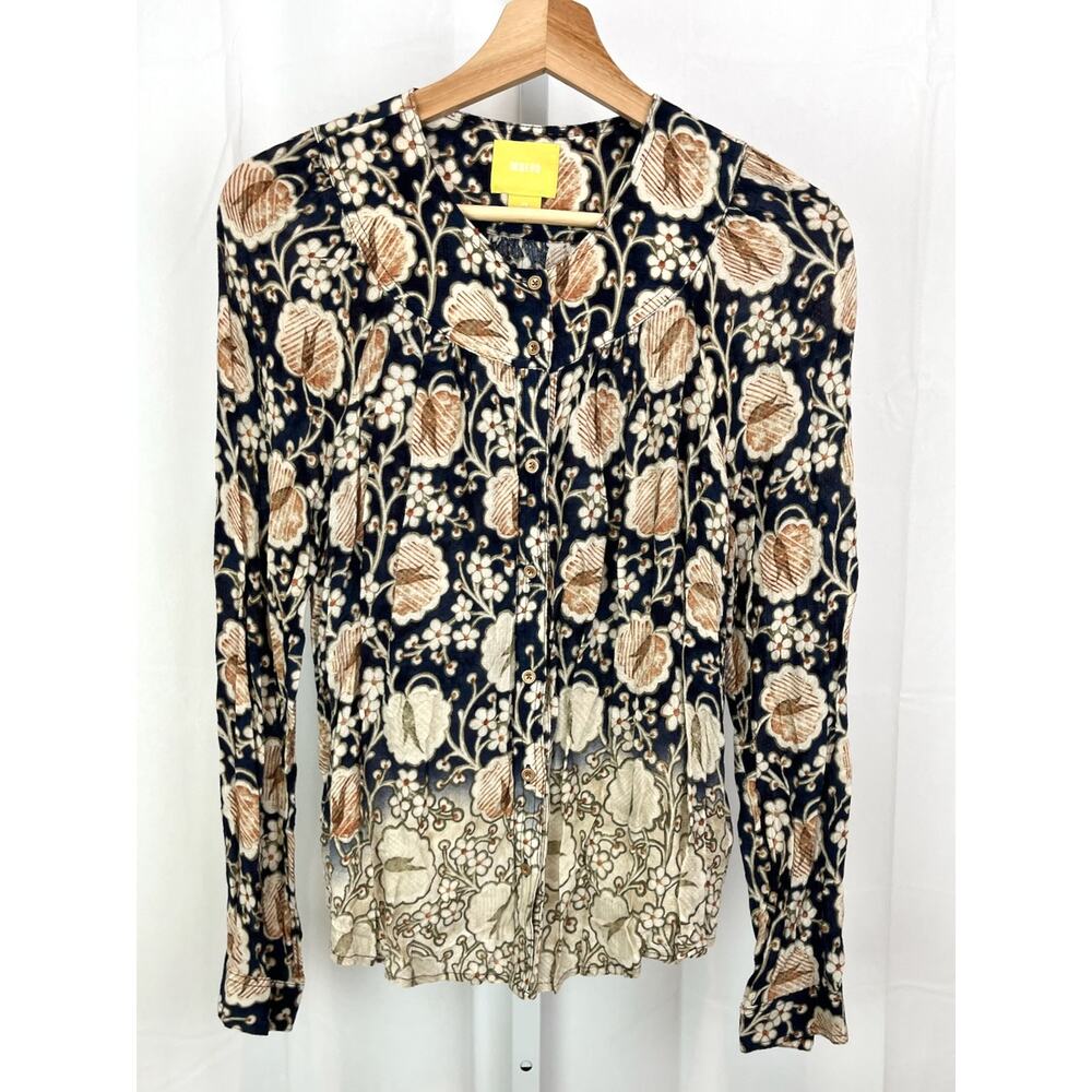 MAEVE Anthropologie Size XS Orli Bibbed Blouse Floral Print Top Ombre Blue Beige